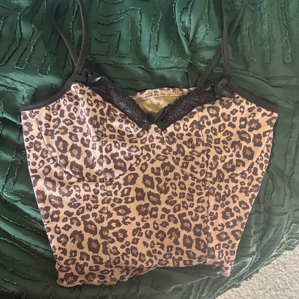 Leopard Print Bustier Top with Black Lace Trim